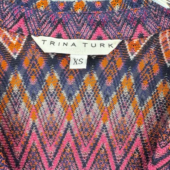 Trina Turk Peru Colorful Chevron Open Knit Collared V-neck Retro Revival Top - Picture 9 of 10